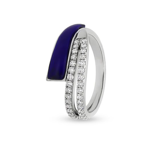 Dark Blue Lapis With Round Cut Diamond Embellished White Gold Casual Ring