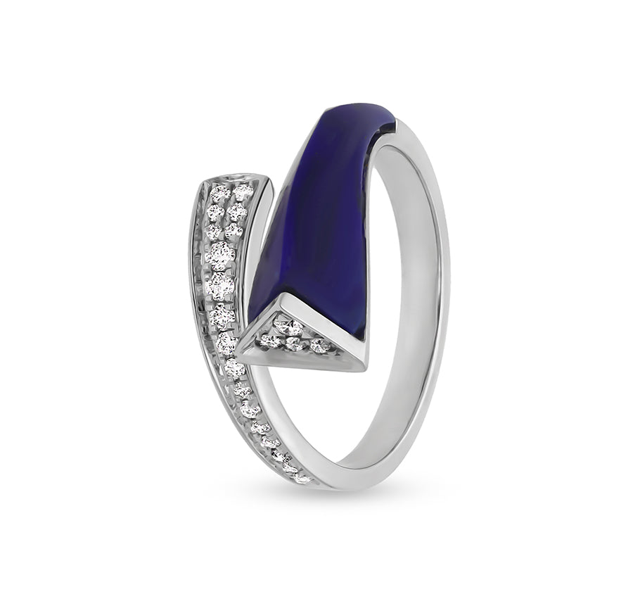 Polyhedron Dark Blue Lapis With Round Diamond Bypass White Gold Casual Ring