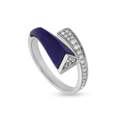 Polyhedron Dark Blue Lapis With Round Diamond Bypass White Gold Casual Ring