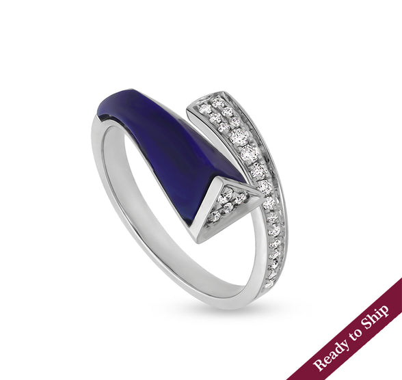 Polyhedron Dark Blue Lapis With Round Diamond Bypass White Gold Casual Ring