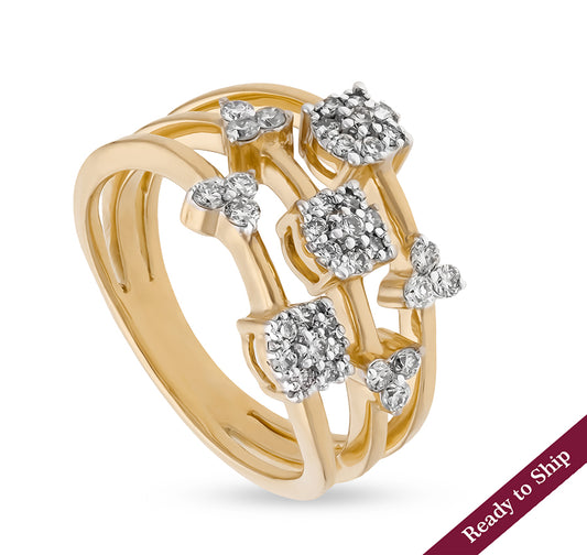 Tri-Layer Round Natural Diamond Yellow Gold Cocktail Ring