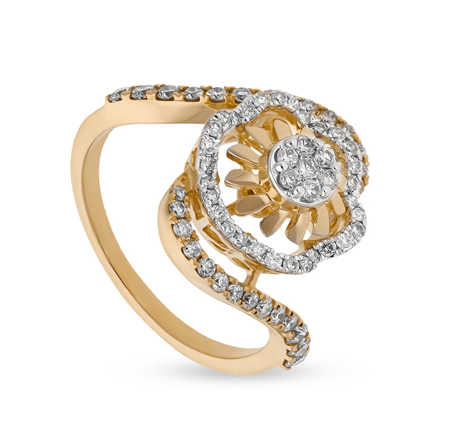 Round Natural Diamond Yellow Gold Sculpted Petal Serenity Cocktail Ring