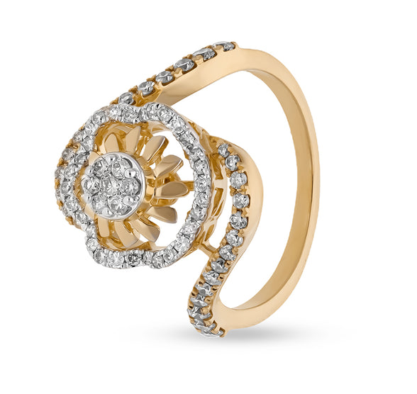 Round Natural Diamond Yellow Gold Sculpted Petal Serenity Cocktail Ring