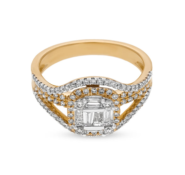 Stellar Square Round Natural and Baguette Cut Diamond Yellow Gold Cocktail Ring