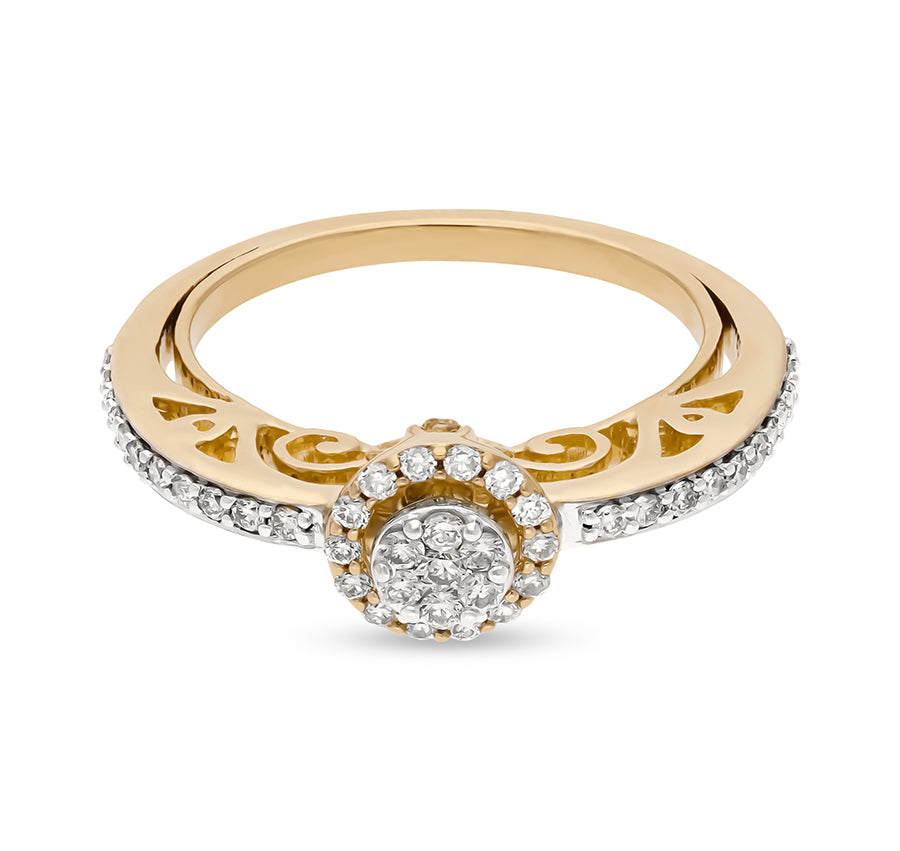 Engraved Design Round Natural Diamond and Prong Setting Yellow Gold Halo Ring