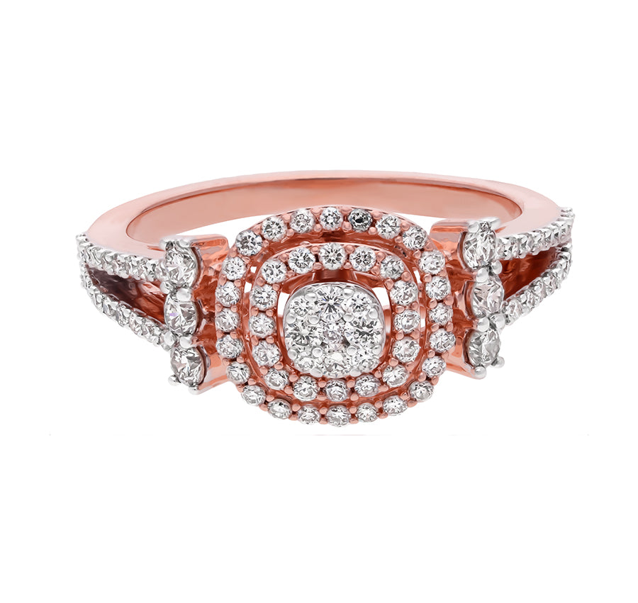 Enigmatic Junction Square Round Natural Diamonds Rose Gold Halo Ring