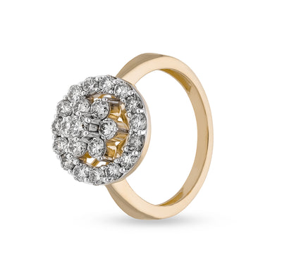 Flourish Shape Round Natural Diamond with Prong Setting Yellow Gold Halo Ring