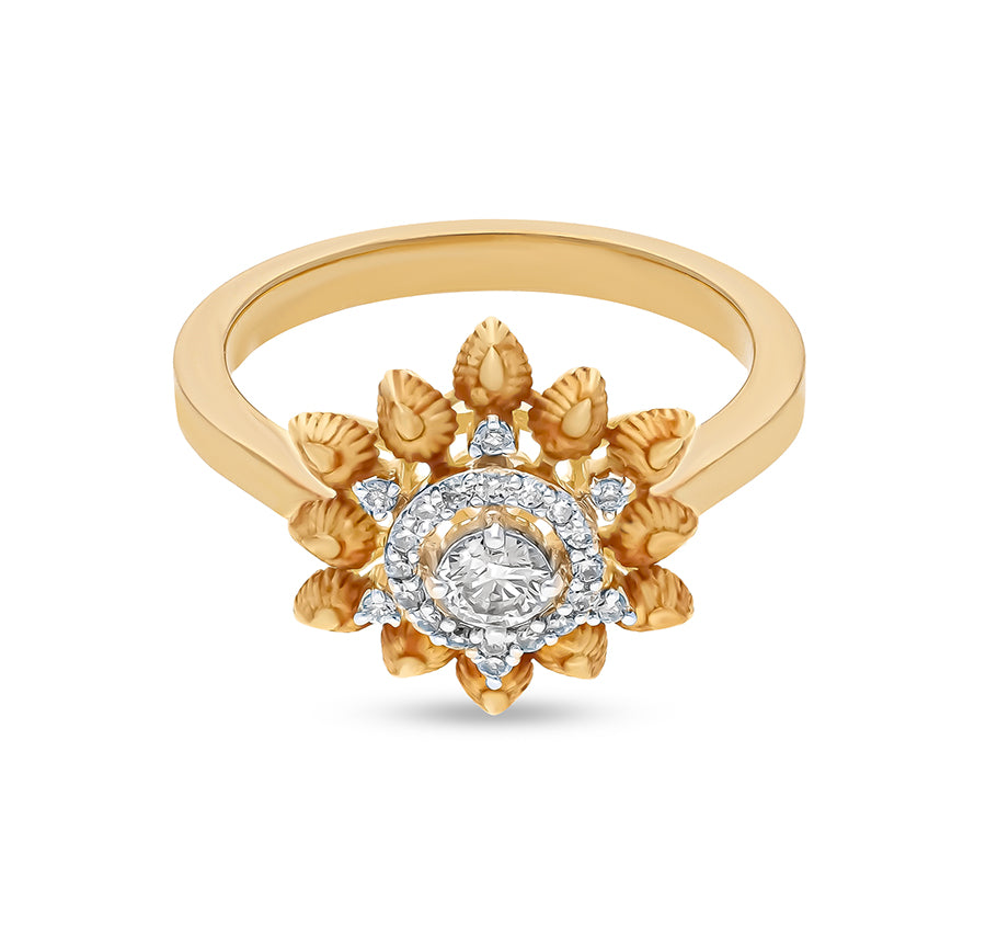 Foliate Floral Round Cut Diamonds Yellow Gold Cocktail Ring