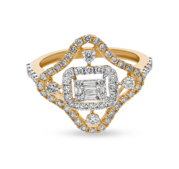 Baguette Cut and Round Natural Diamond Yellow Gold Cocktail Ring