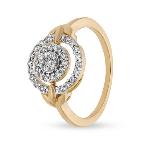 Tree-Tiered Circle Petal Elegance Round Natural Diamond Yellow Gold halo Ring