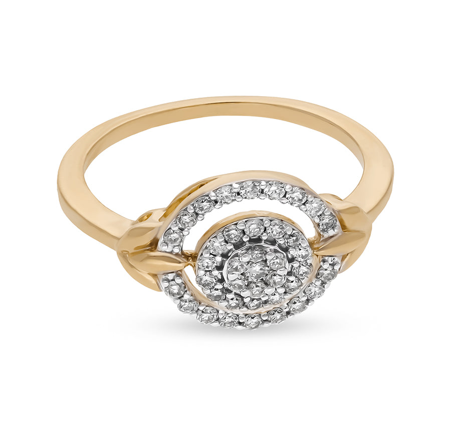 Tree-Tiered Circle Petal Elegance Round Natural Diamond Yellow Gold halo Ring
