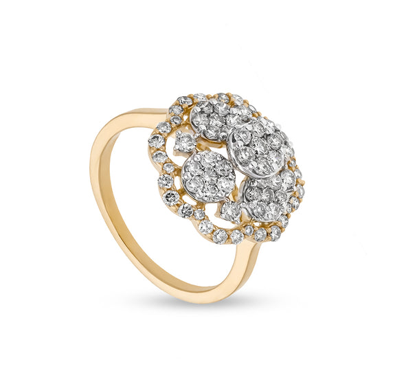 Floral Shape Round Natural Diamond Prong Set Yellow Gold Cocktail Ring