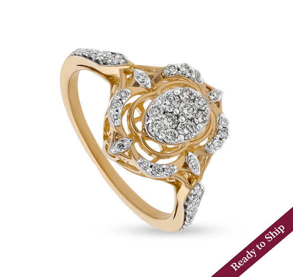 Floral Ellipse Round Cut Diamonds Yellow Gold Cocktail Ring