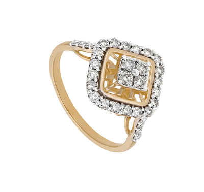 Faceted Rhombus Shape Round Natural Diamond Yellow Gold Cocktail Ring