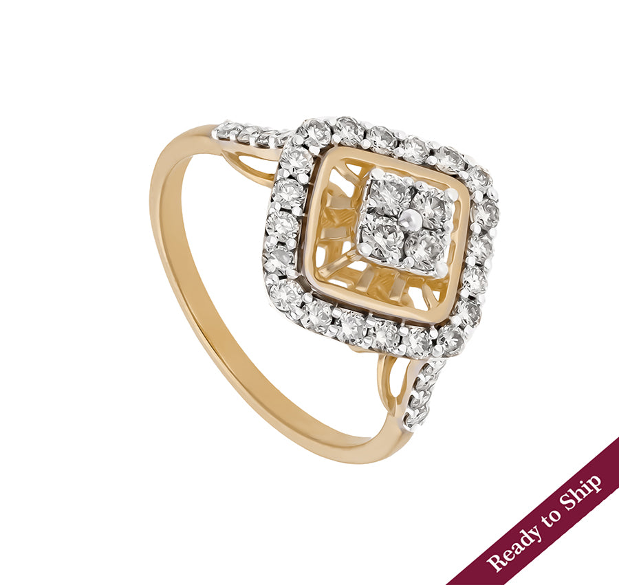 Faceted Rhombus Shape Round Natural Diamond Yellow Gold Cocktail Ring