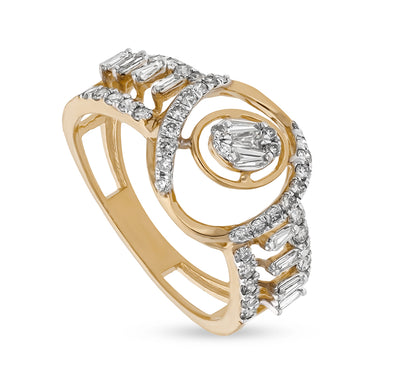 Circular Destiny Baguette Cut and Round Natural Diamonds Yellow Gold Cocktail Ring