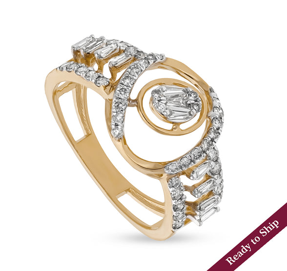Circular Destiny Baguette Cut and Round Natural Diamonds Yellow Gold Cocktail Ring