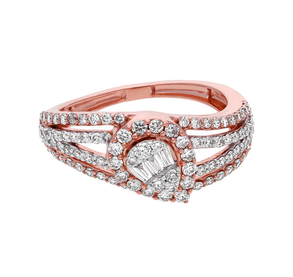 Pear Shape Baguette Cut and Round Natural Diamond Rose Gold Halo Ring