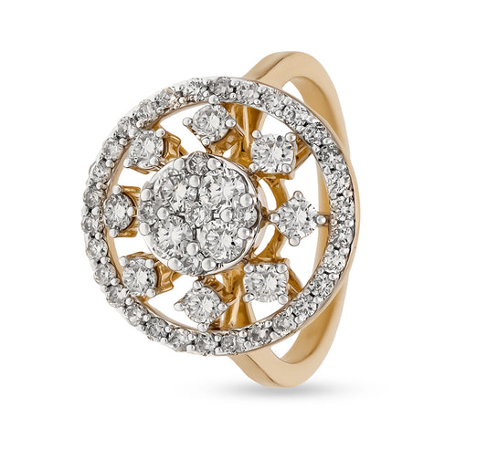 Circle Shape Round Cut Natural Diamond with Prong Setting Yellow Gold Cocktail Ring