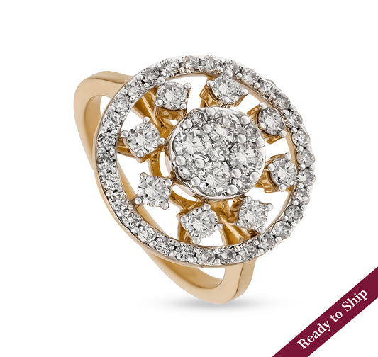 Circle Shape Round Cut Natural Diamond with Prong Setting Yellow Gold Cocktail Ring