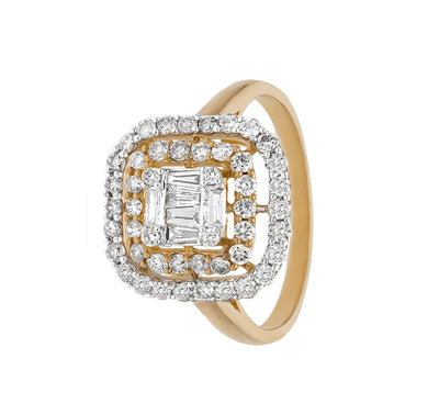 Baguette Cut and Round Natural Diamond Yellow Gold Cocktail Ring