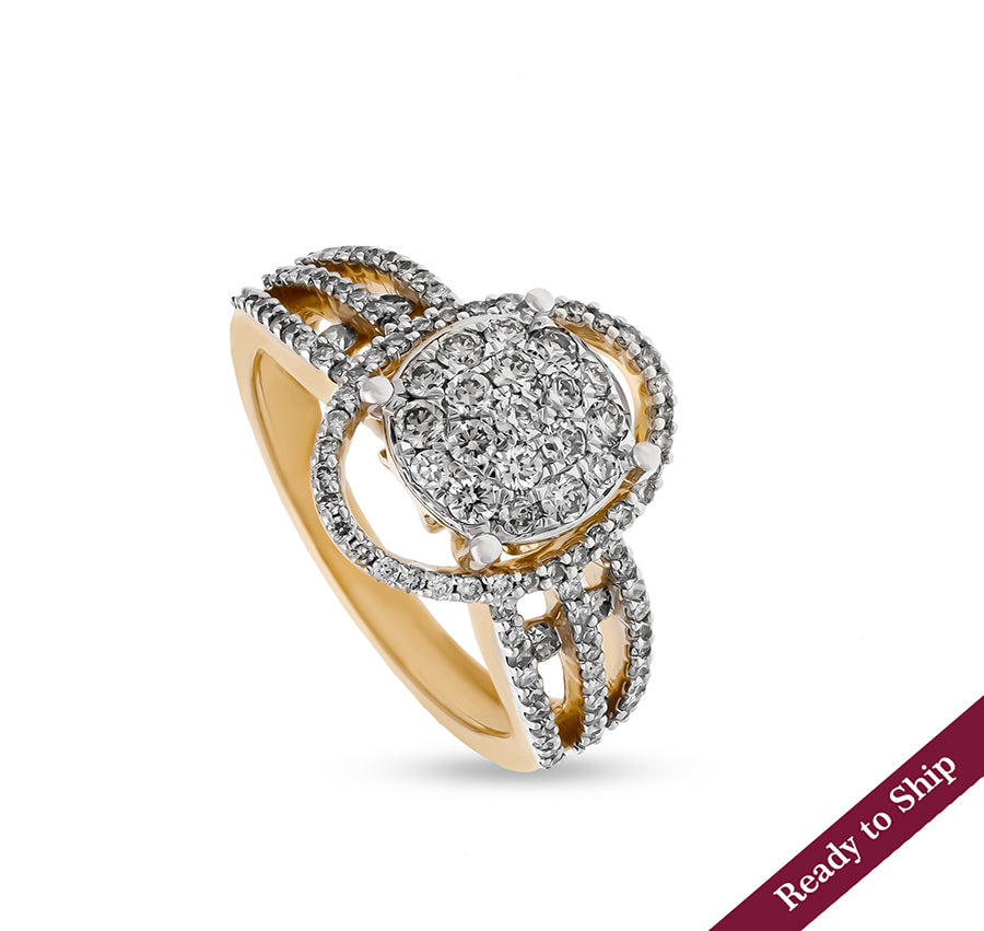 Oval Shape Round Natural Diamond and Pave Setting Cluster Yellow Gold Ring