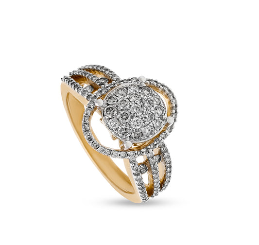 Oval Shape Round Natural Diamond and Pave Setting Cluster Yellow Gold Ring