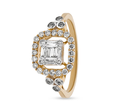 Cushion Shape Round Natural and Baguette Cut Diamond With Prong And Bezel Set Yellow Gold Casual Ring