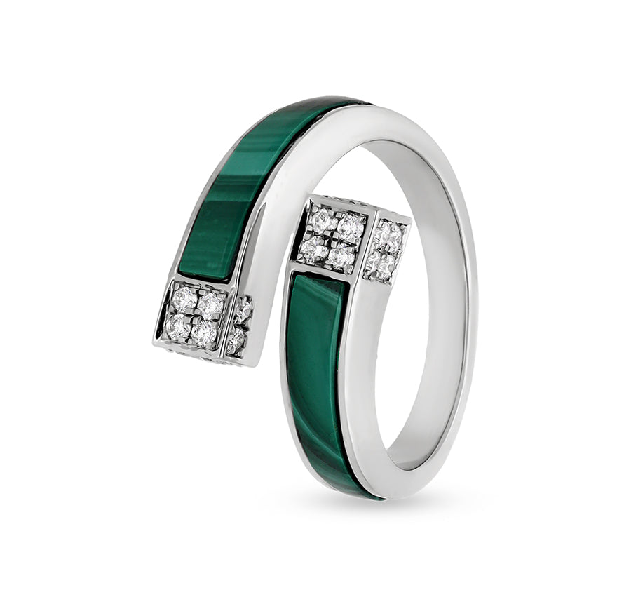 Green Malachite With Natural Diamond  White Gold Bypass Casual Ring