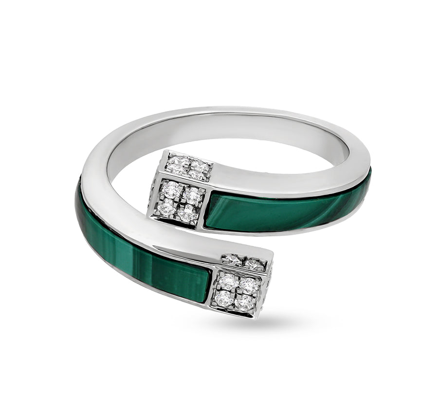 Green Malachite With Natural Diamond  White Gold Bypass Casual Ring