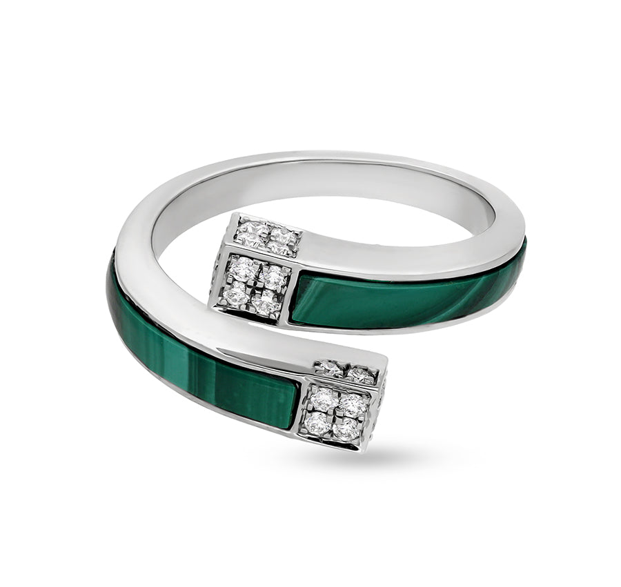 Green Malachite With Natural Diamond  White Gold Bypass Ring