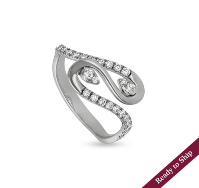 Wave Shape With Round Natural Diamond French Setting white Gold Casual Ring