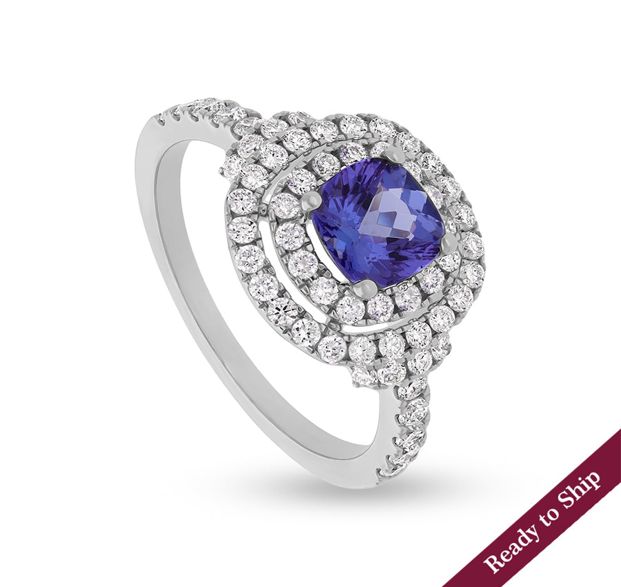 Cushion Shape Blue Tanzanite With Round Natural Diamond White Gold Engagement Ring