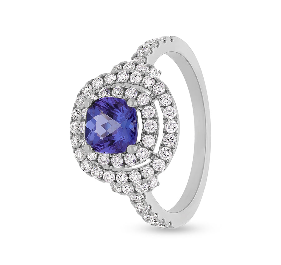 Cushion Shape Blue Tanzanite With Round Natural Diamond White Gold Engagement Ring