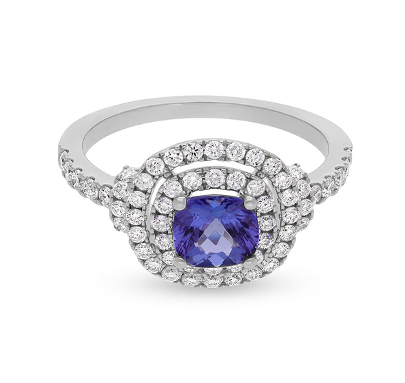Cushion Shape Blue Tanzanite With Round Natural Diamond White Gold Engagement Ring