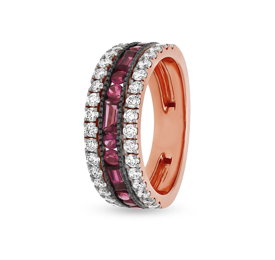 Baguette and Round Shape Red Ruby Diamond Rose Gold Casual Ring