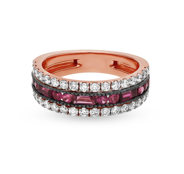 Baguette and Round Shape Red Ruby Diamond Rose Gold Casual Ring