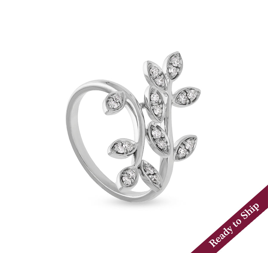 Leaf Style Sterling Marquise Shape Round Natural Diamond White Gold Ring