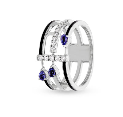 Pear Shape Blue Tanzanite with Black Enamel Round Natural Diamond White Gold Casual Ring