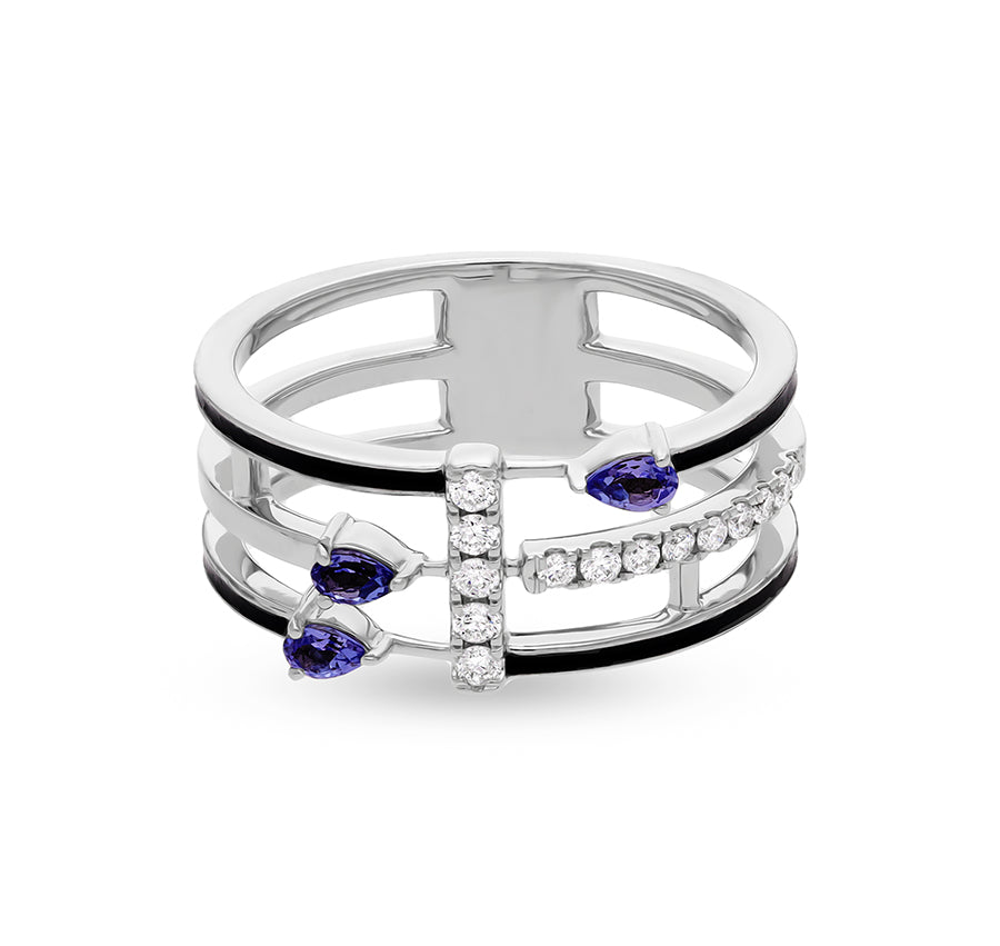 Pear Shape Blue Tanzanite with Black Enamel Round Natural Diamond White Gold Casual Ring