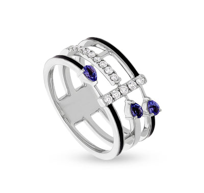 Pear Shape Blue Tanzanite with Black Enamel Round Natural Diamond White Gold Casual Ring