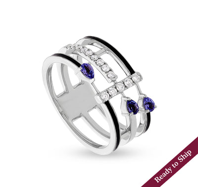 Pear Shape Blue Tanzanite with Black Enamel Round Natural Diamond White Gold Casual Ring