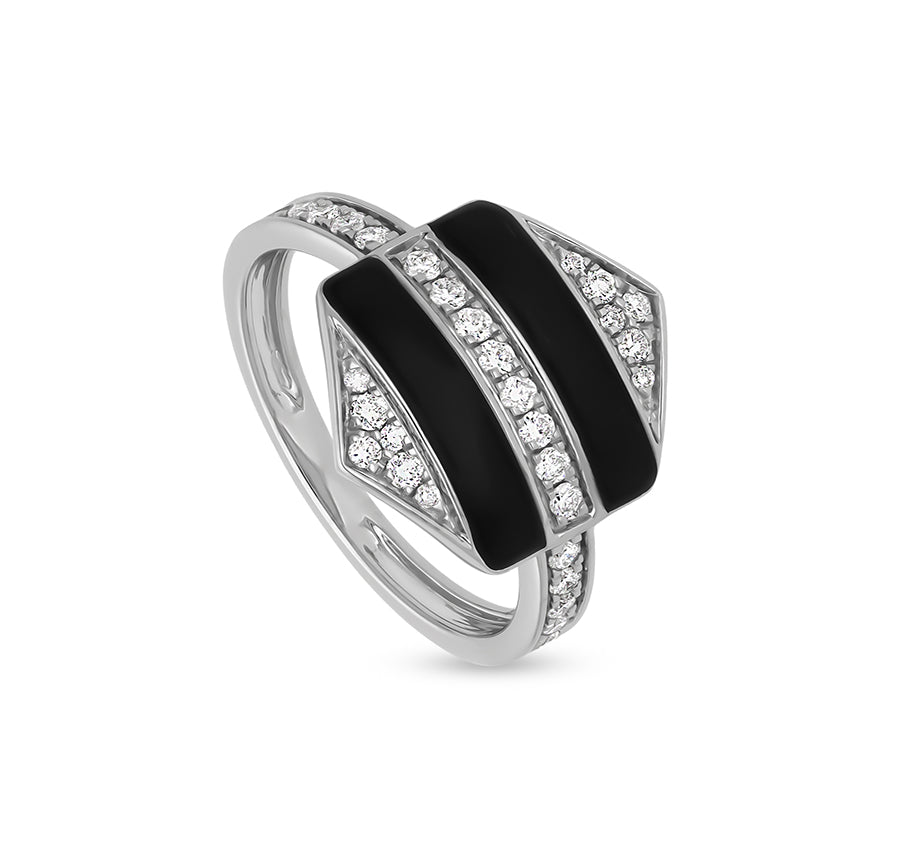 Hexagon Shape With Black Enamel Channel Set Round Cut Diamond White Gold Casual Ring