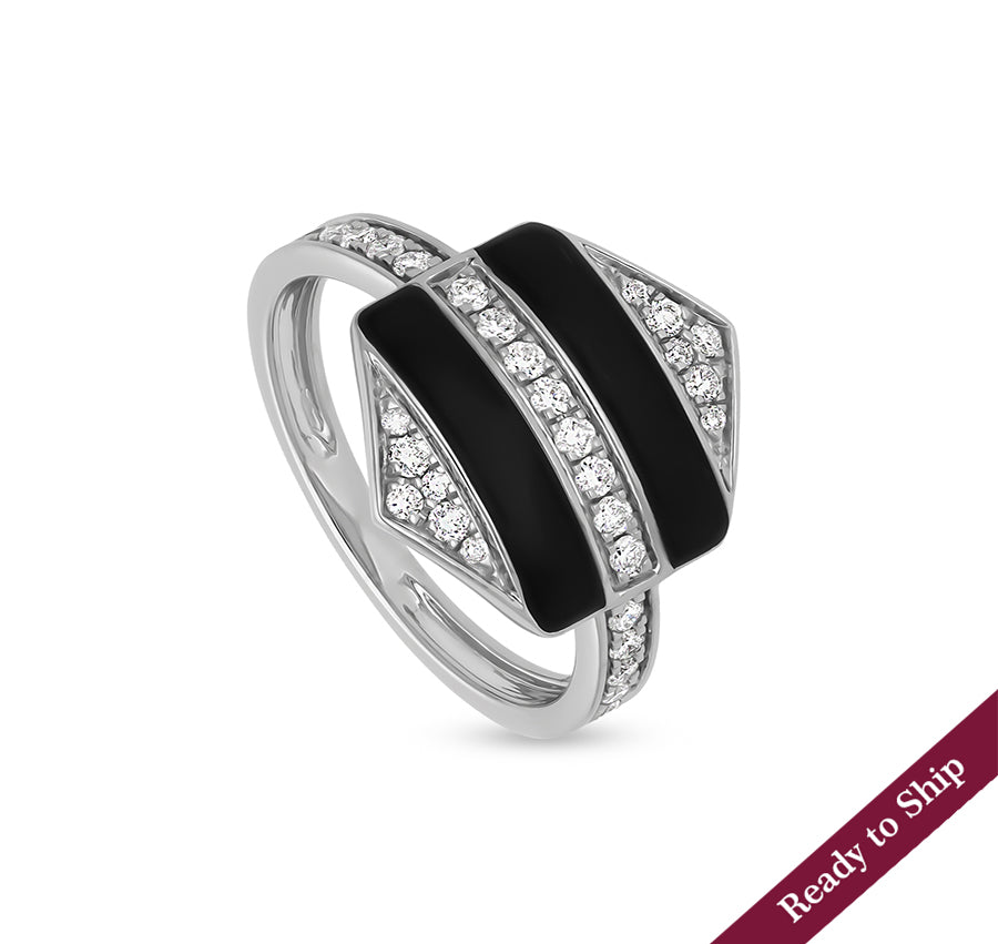 Hexagon Shape With Black Enamel Channel Set Round Cut Diamond White Gold Casual Ring