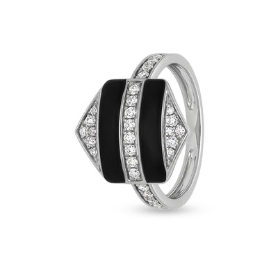 Hexagon Shape With Black Enamel Channel Set Round Cut Diamond White Gold Casual Ring