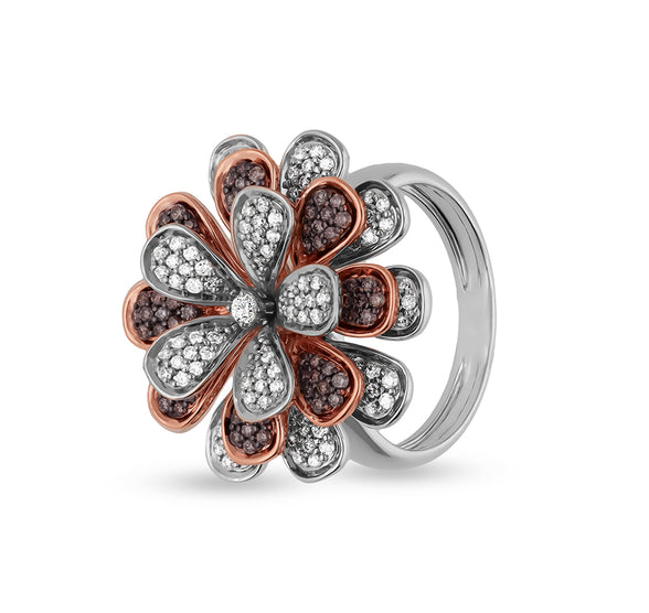 Daisy Flower Shape With Brown and White Round Natural Diamond Dual Tone Cocktail Ring