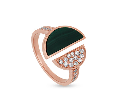 Green Malachite With Round Cut Diamond Double Half Circle Open Rose Gold  Casual Ring