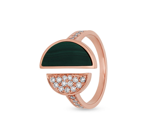 Green Malachite With Round Cut Diamond Double Half Circle Open Rose Gold  Casual Ring