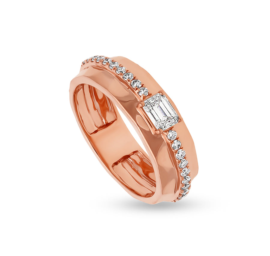 Brilliant Emerald Cut with Round Natural Diamond Rose Gold Women Ring