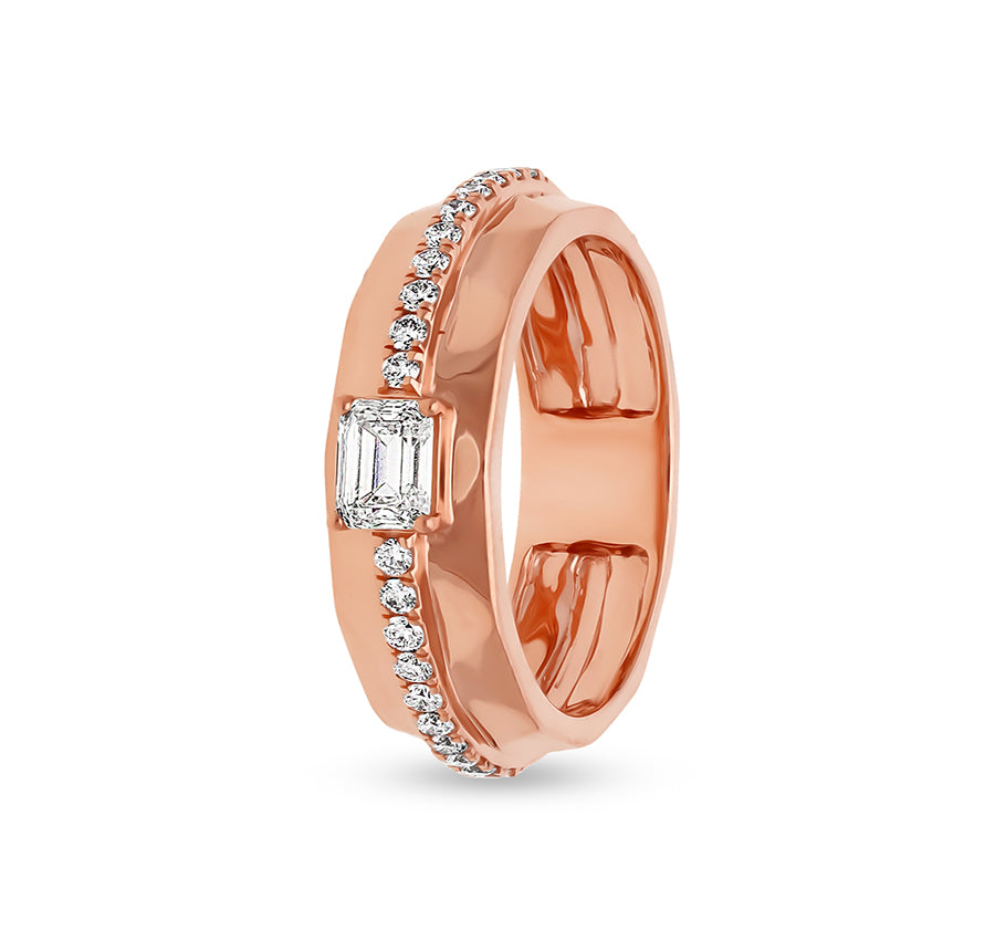 Emerald Shape and Round Natural Diamond With Prong Setting Rose Gold Casual Ring